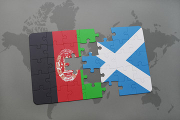 puzzle with the national flag of afghanistan and scotland on a world map background.