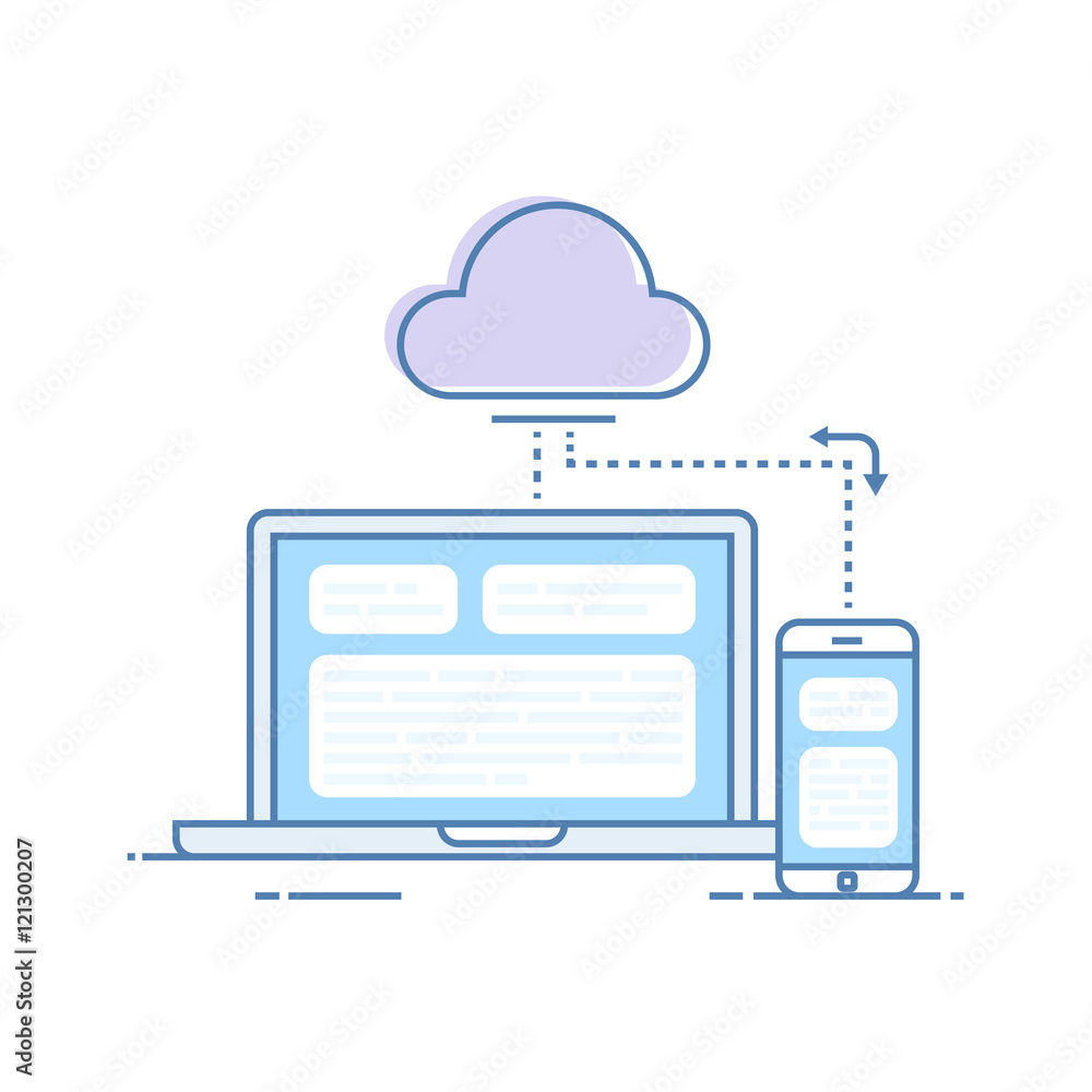 Poster the process of synchronizing data from a mobile phone and a laptop. storing data in the cloud storag