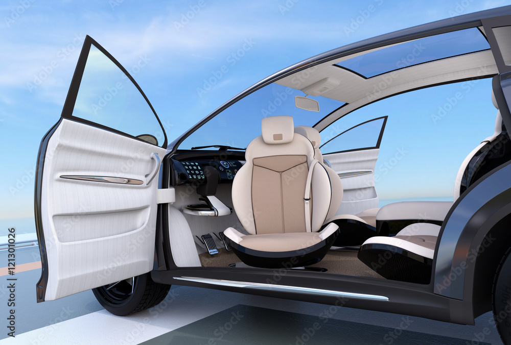 Poster self-driving suv interior concept. front seats can rotate in any angle, for easy entry function. 3d 