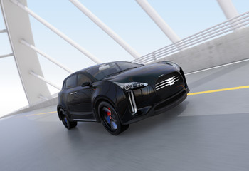 Plakat Black electric SUV driving on arc bridge. 3D rendering image.