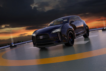Obraz na płótnie Canvas Black electric SUV parking on the helipad. 3D rendering image.