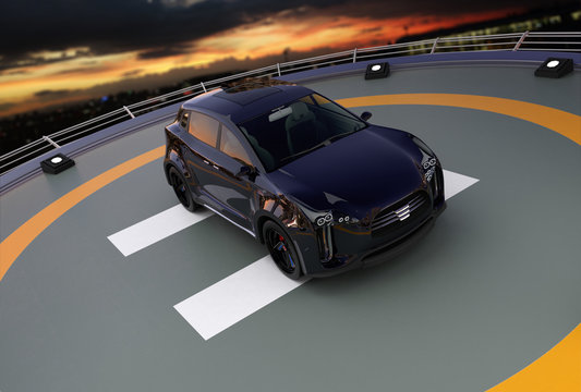 Black electric SUV parking on the helipad. 3D rendering image.