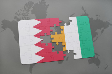 puzzle with the national flag of bahrain and cote divoire on a world map background.