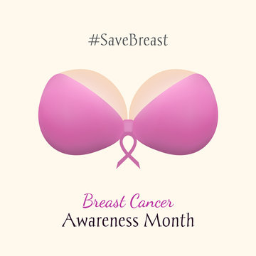 National Breast Cancer Awareness Month. Woman's breast in a pink bra on a white background. Vector illustration, eps10.