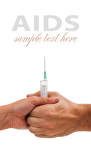 Syringe in the hands of men and women isolate on white backgroun