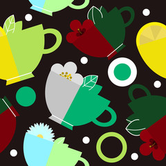 Seamless pattern with cups of tea. Four kinds of tea. Vector illustration, eps10.