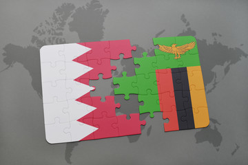 puzzle with the national flag of bahrain and zambia on a world map background.