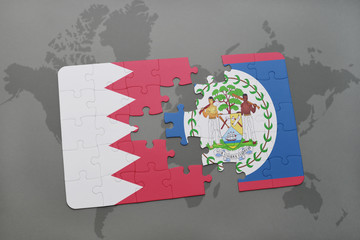 puzzle with the national flag of bahrain and belize on a world map background.