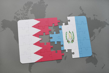 puzzle with the national flag of bahrain and guatemala on a world map background.
