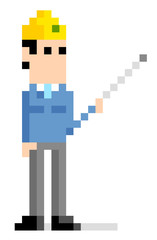 ピクセルイラスト：指し棒を使って説明する作業員の男性
