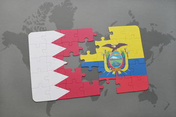 puzzle with the national flag of bahrain and ecuador on a world map background.