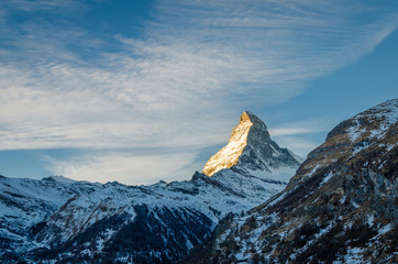 Golden sunlight shining on Matterhorn