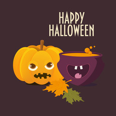 Halloween Card with Spooky Pumpkin, Happy Witch Pot, Maple Leaves and text 