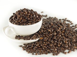 Coffee beans in a cup and spilling out of a cup,  isolated on white background.
