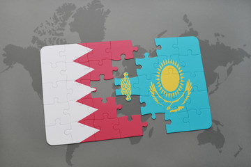 puzzle with the national flag of bahrain and kazakhstan on a world map background.