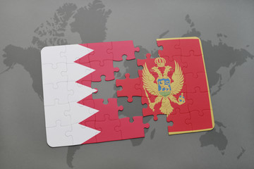 puzzle with the national flag of bahrain and montenegro on a world map background.