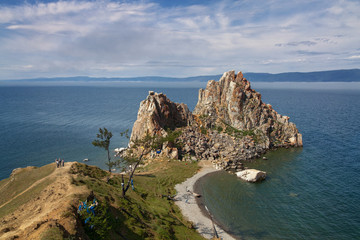 Fototapeta na wymiar Rock Shaman Stone and cape Burhan on Olkhon Island, Eastern Siberia, Irkutsk region