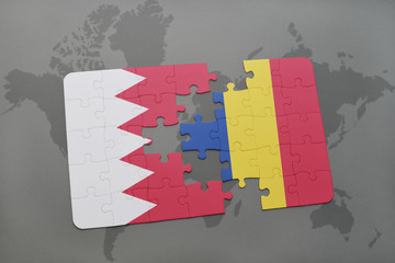 puzzle with the national flag of bahrain and romania on a world map background.