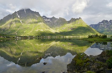 Mountains reflecting over clear water in the Lofoten Islands, Norway