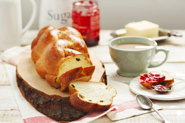 Homemade challah bread with raisin