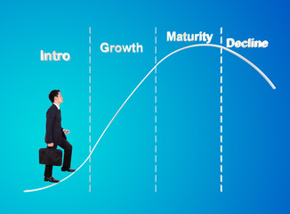 business man stepping forward on product life cycle chart (PLC)