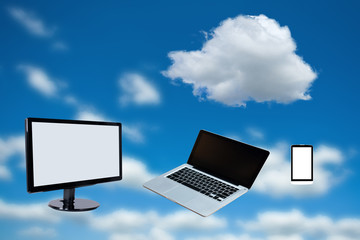 laptop computer,mobile phone and led screen on blue sky,cloud tecnology concep