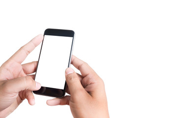 Isolated female hand holding a phone with white screen