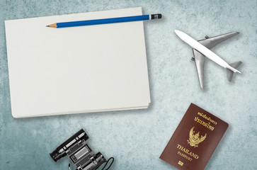 Travel Vacation objects background with blank notebook for travel agency banner