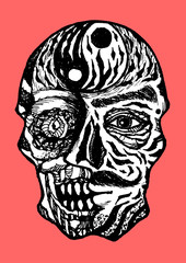 sugar skull day of the dead, yin and yang, black and white vector design hand drawn