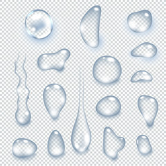 Pure clear water drops realistic set isolated vector illustration