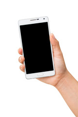 women hand holding white mobile smart phone with black blank scr
