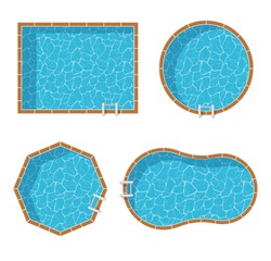 Swimming pools top view set isolated on white background. Blue water leisure relaxation holiday travel. Resort swimming vector pool icon luxury lifestyle tropical outdoor.