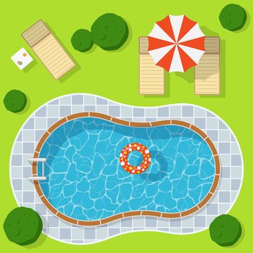 Swimming pool on a green meadow with umbrella and chaise lounge. Blue water leisure relaxation holiday travel. Resort swimming vector pool luxury lifestyle tropical outdoor.