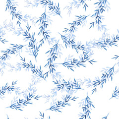 Seamless pattern with blue abstract branches on white background. Hand drawn watercolor illustration.