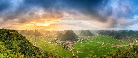 Rice field in valley around with mountain panorama view in Bac S