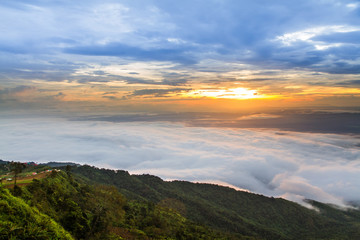 Naklejka na ściany i meble Sunrise in the mountain and mist wave in Phu Thap Boek, Phetchab