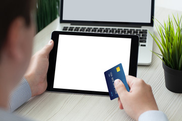 man holding tablet computer isolated screen and credit card note