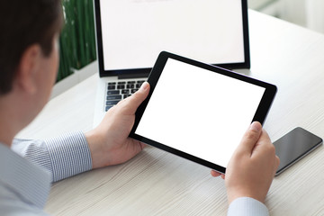 man holding tablet computer with isolated screen notebook phone