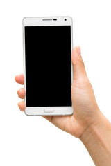 Asian women hand holding white mobile smart phone with black bla