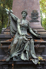 Fototapeta na wymiar The stone Girl on Tomb from the old Prague Cemetery, Czech Republic