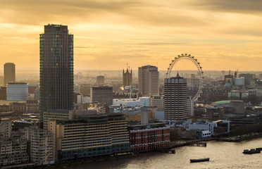 Sunset above central London with famous landmarks and River Thames - London, UK