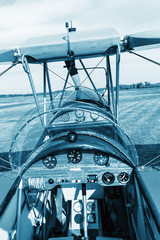 Historic aircraft biplane on runway, Historic aircraft cockpit, dashboard biplane, retro