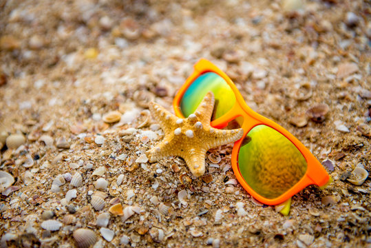 sun glasses and starfish on white sandy beach.