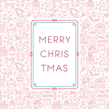 Christmas greeting card with line icon decorative elements.