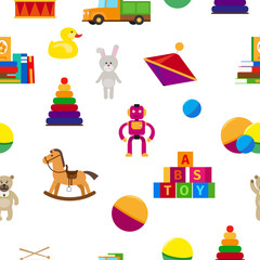 Kids toys in flat style seamless pattern. Vector illustration