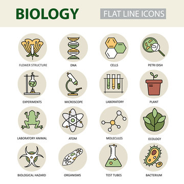Set of modern linear icons with biology elements.