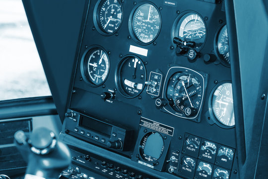 The dashboard panel in a helicopter cockpit, the view of the aircraft instruments