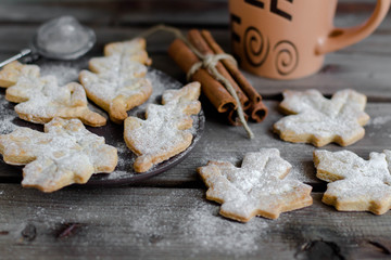 The Belgian speculoos biscuits. Cookies in the shape of leaves. Autumn concept. Copy space