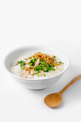 'Khao Tom Moo' Thai Breakfast, Rice congee mixed with meat on wh