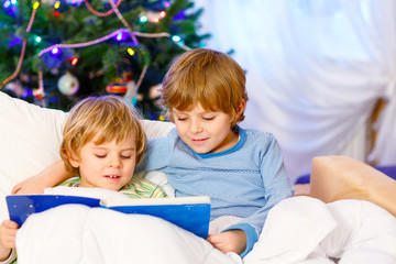 Two little blond sibling boys reading a book on Christmas